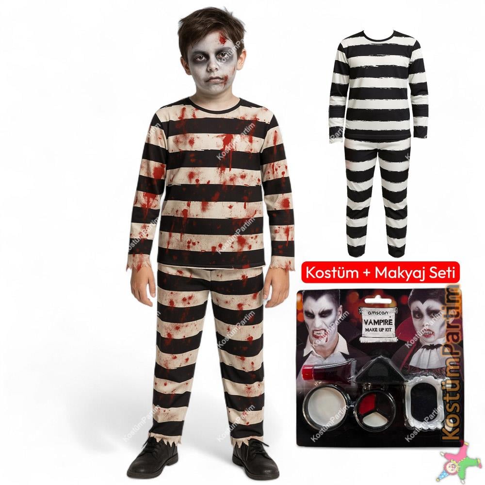 Zombi Mahkum Erkek Çocuk Kostümü ve Makyaj Seti Erkek Çocuk Kostümleri KostümPartim® Zombi Mahkum Kostümü – Halloween Tarzı Bluz ve Pantolon + Hediye Yapay Kan
