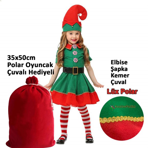 Elf Kostümü Kız Çocuk Lüks Polar Yılbaşı Kıyafeti - KostümPartim®