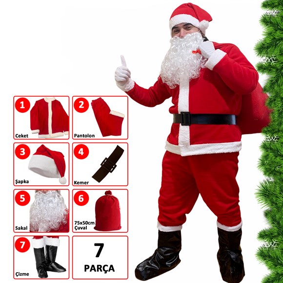 Noel Baba Kostüm Seti Lüks 7 Parça Polar Yetişkin Kıyafeti - KostümPartim®