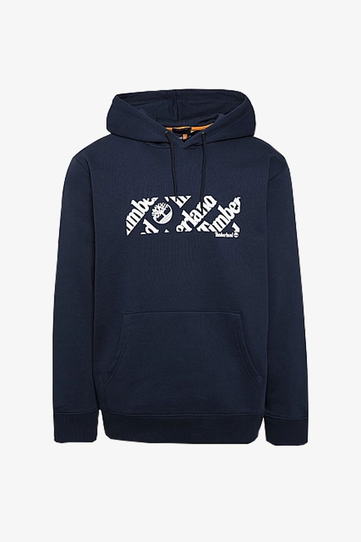 Timberland Linear Logo Print Hood Erkek Sweatshirt Lacivert