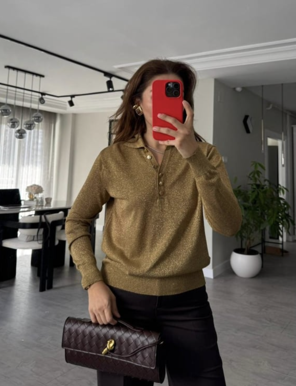 Simli Gold Düğmeli Kazak Elmasstil