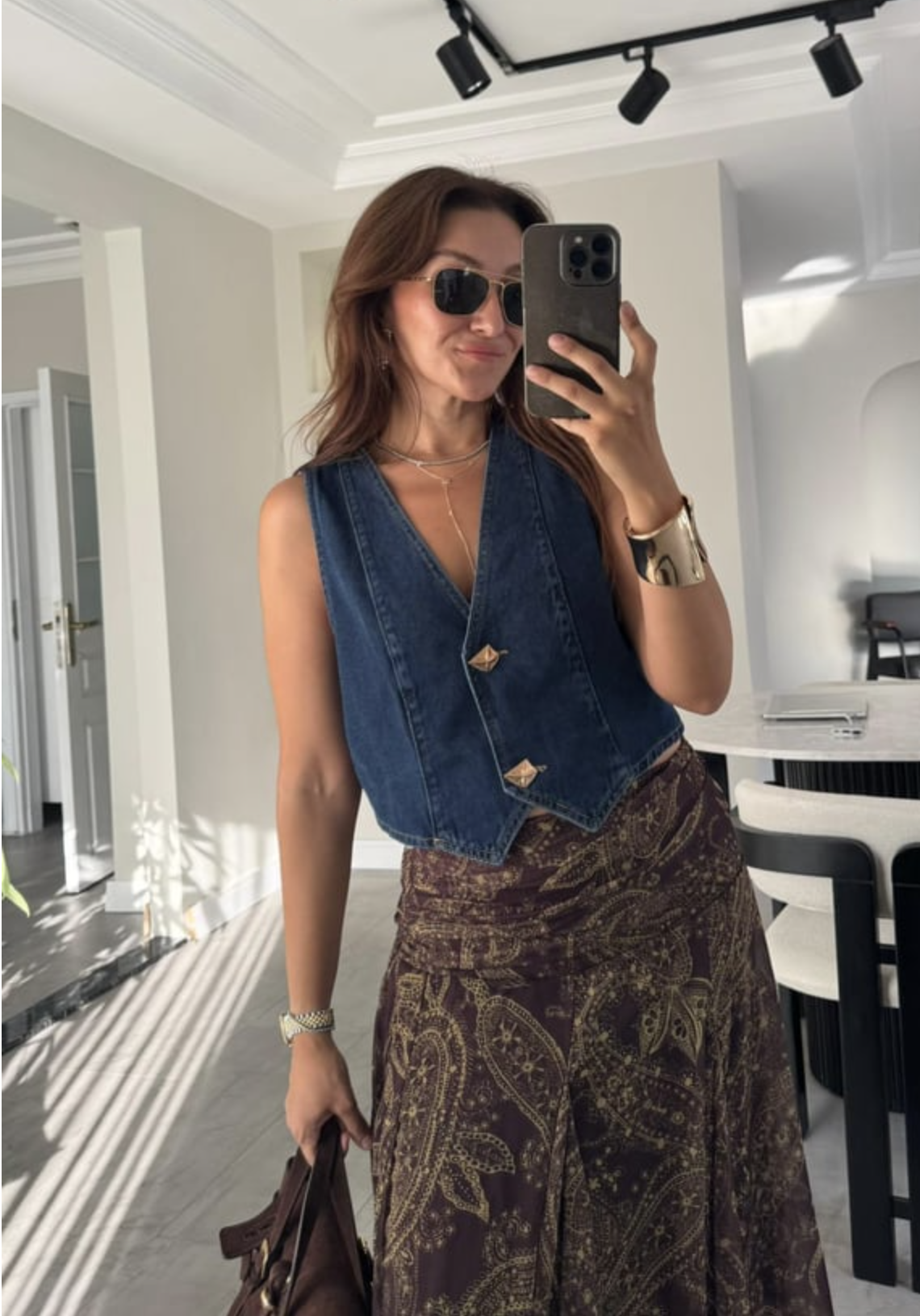 Gold Düğmeli Kısa Denim Yelek |Elmasstil