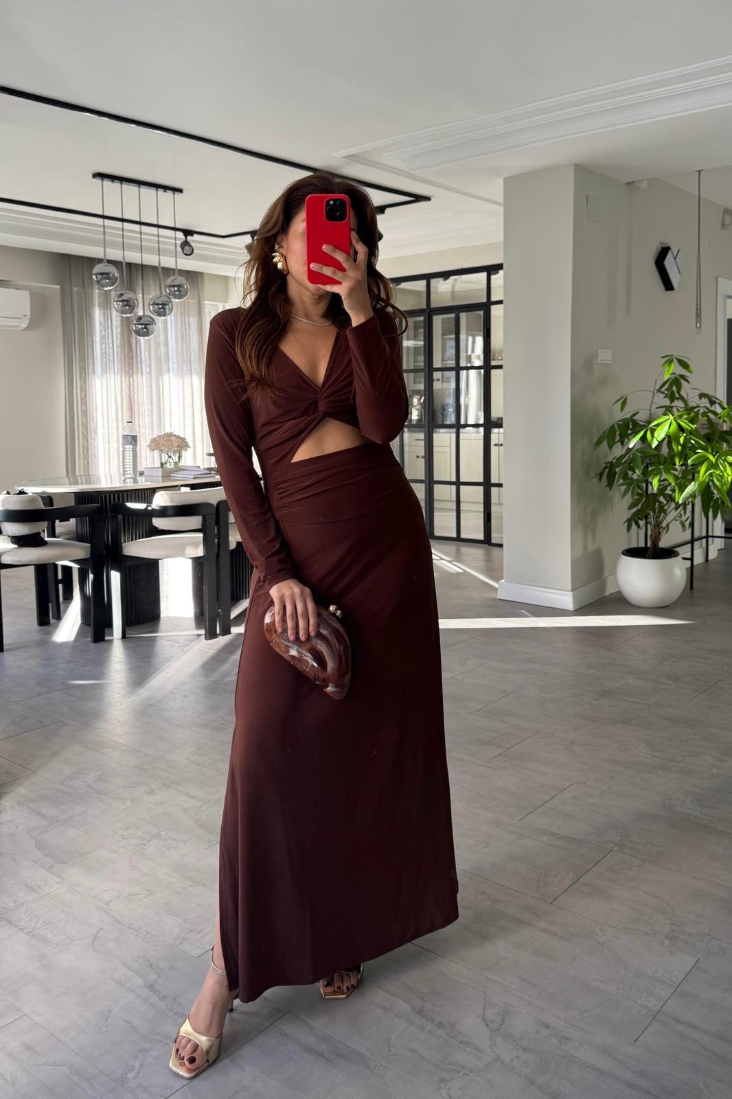 ÖNÜ DÜĞÜM PENCERE DETAYLI MAKSİ ELBİSE/2048