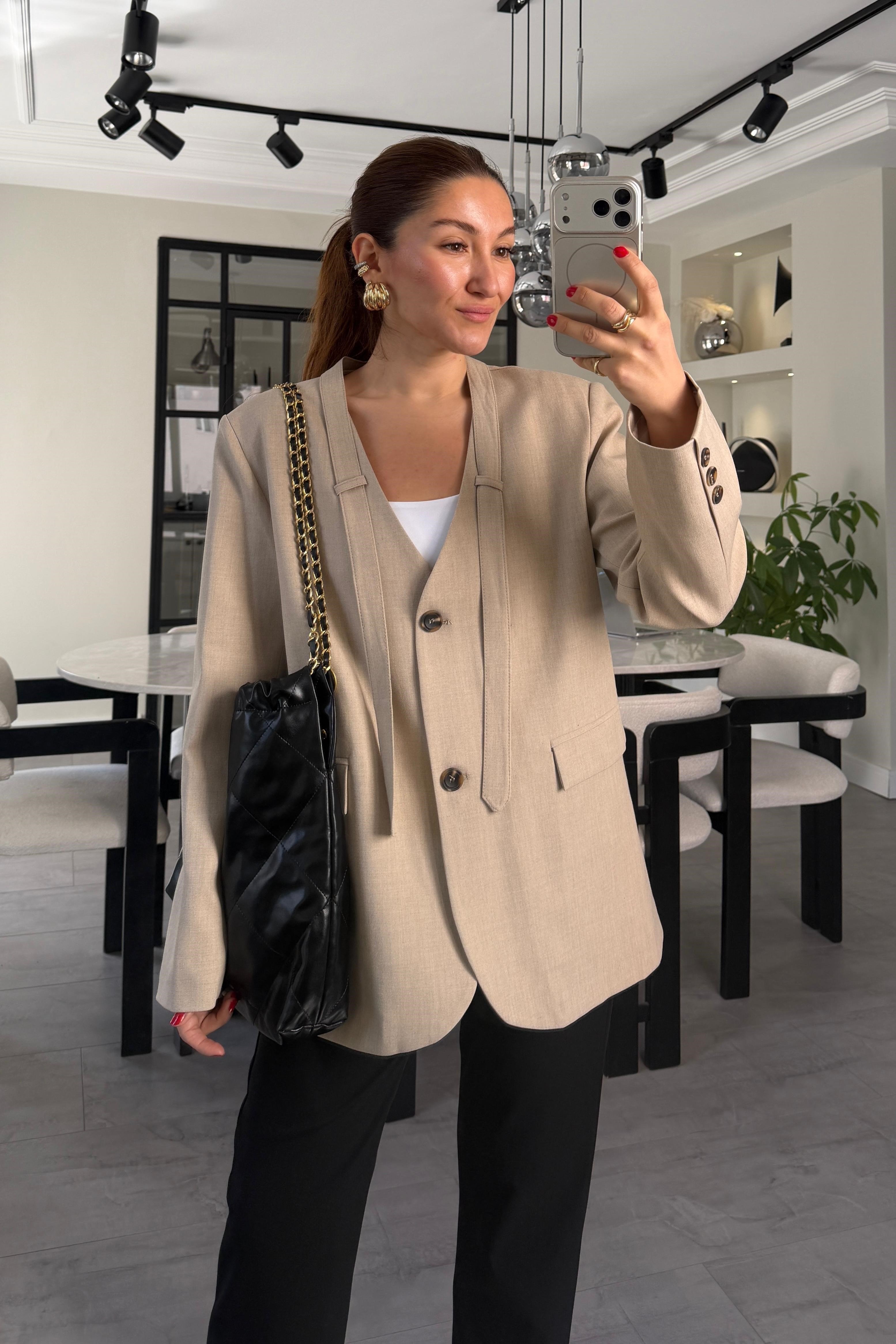 YAKASI FULARLI OVERSIZE BLAZER CEKET/2092