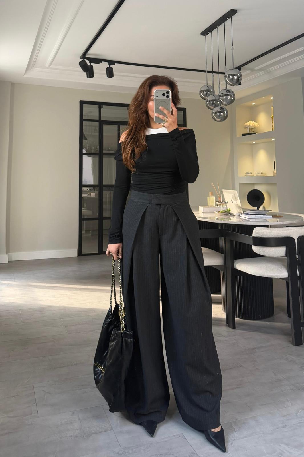 ÇAPRAZ PİLE ÇİZGİLİ GENİŞ PANTOLON/17357