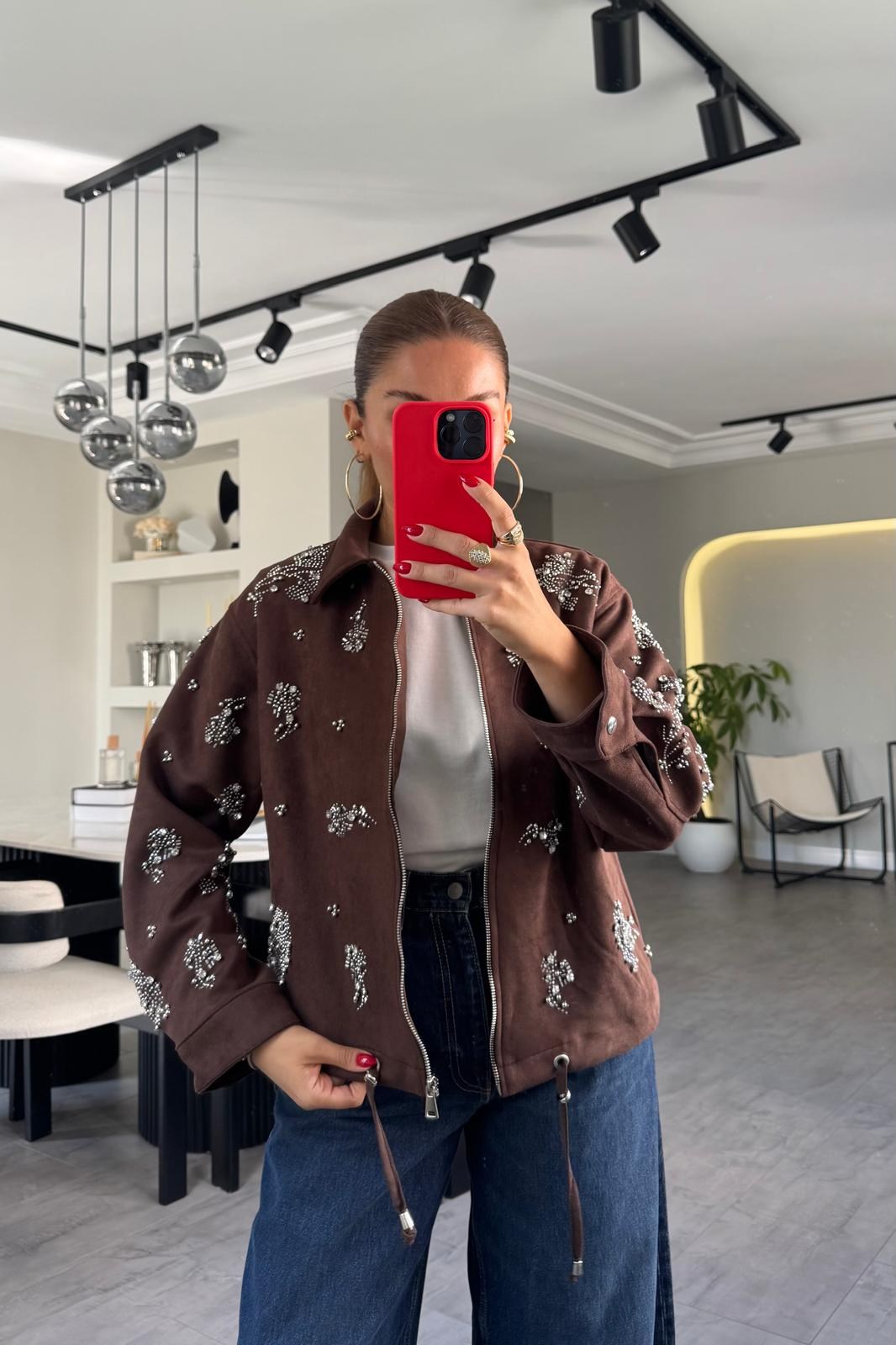 SERPME TAŞLI SÜET BOMBER CEKET/7245