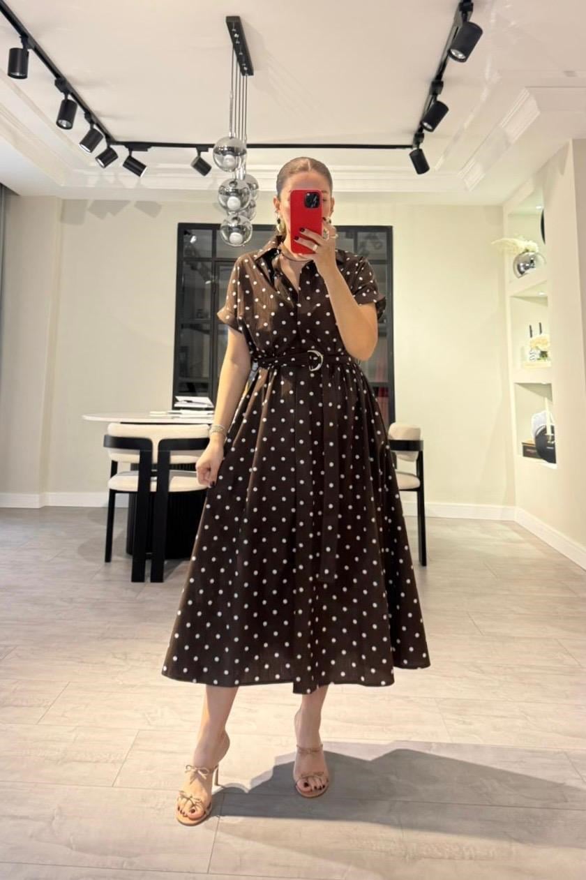 BELİ LASTİKLİ PUANTİYELİ ELBİSE/3328