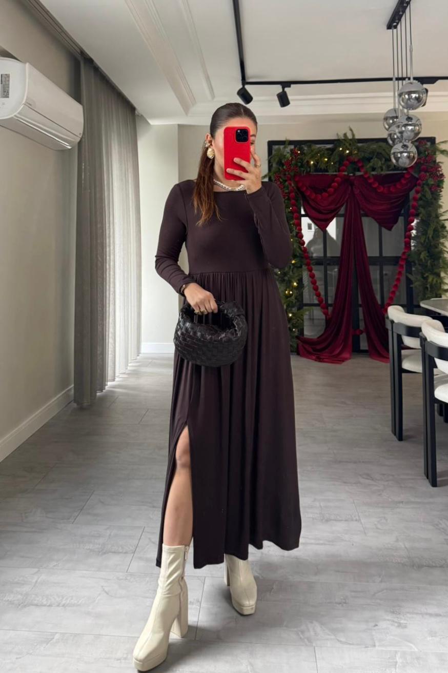 SIRT DEKOLTELİ UZUN KOL ELBİSE/2092