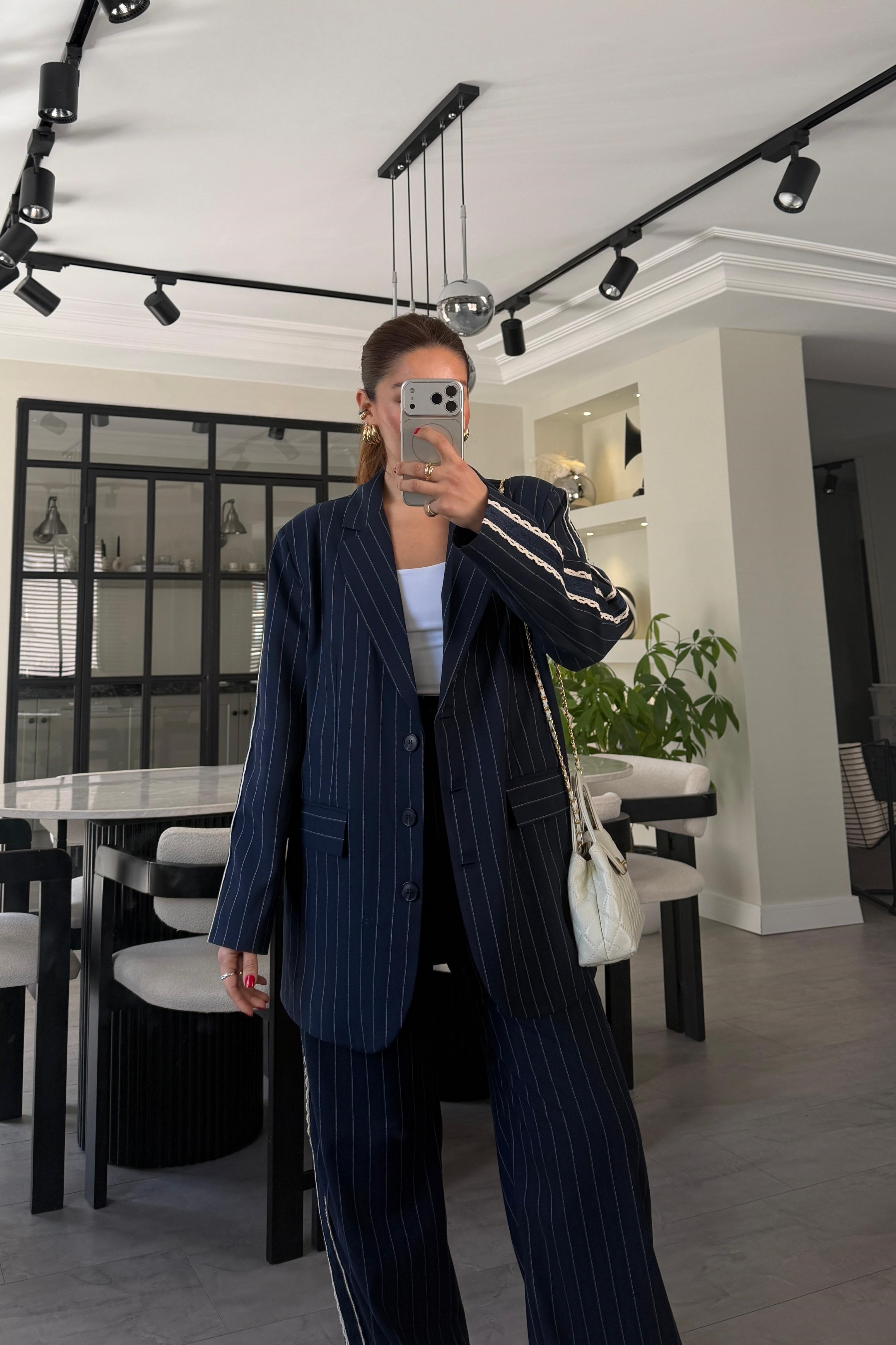 GÜPÜR DETAYLI ÇİZGİLİ BLAZER CEKET/1697