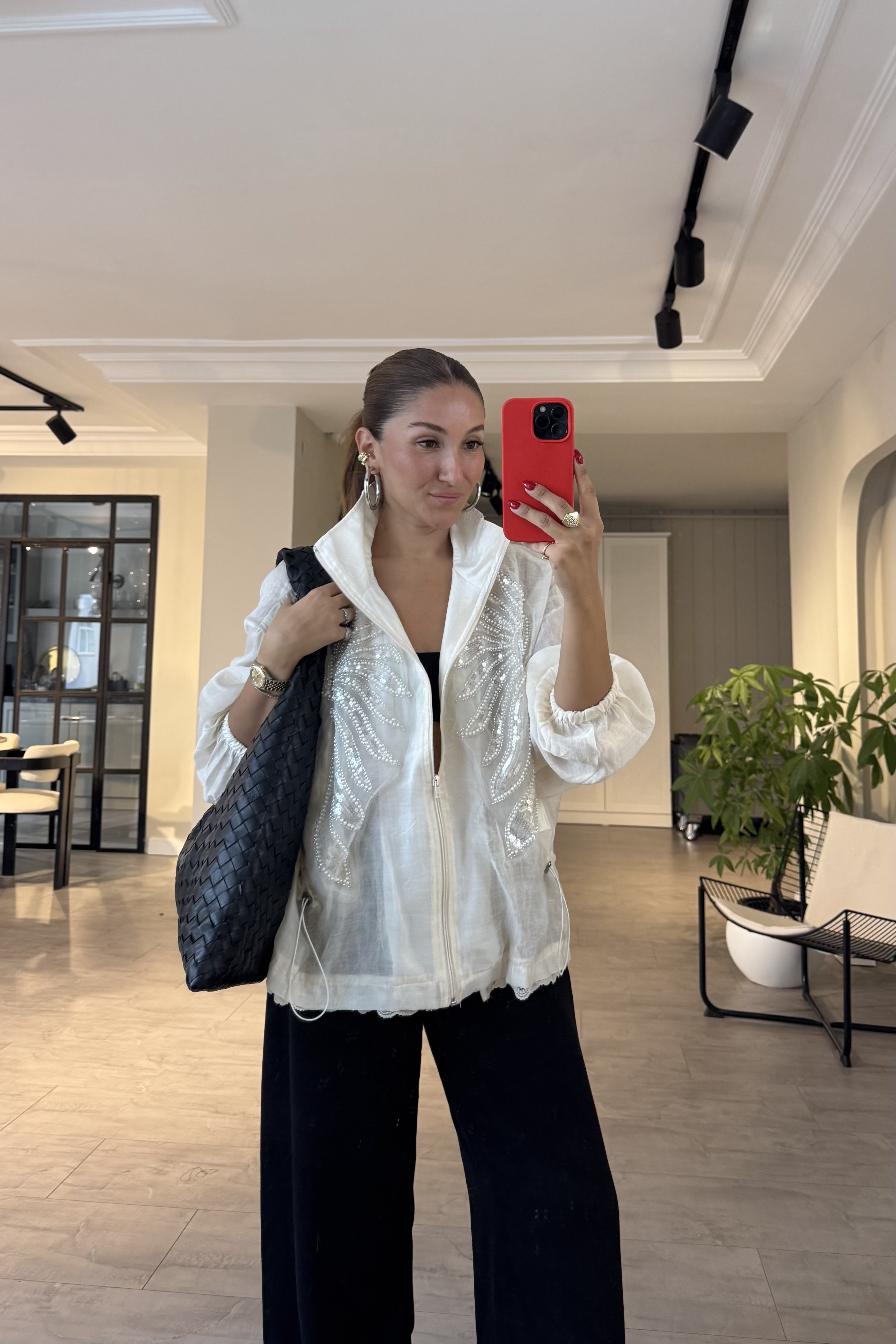DİK YAKA NAKIŞLI TRANSPARAN  CEKET/9773