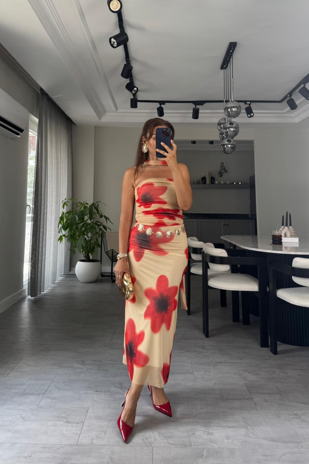 ÖNÜ DRAPELİ STRAPLEZ ETEK TAKIM/6226