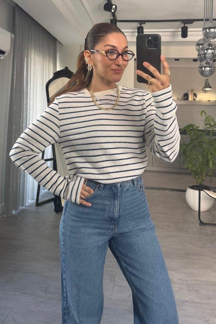ÇİZGİLİ SIFIR YAKA TRİKO BLUZ/1165