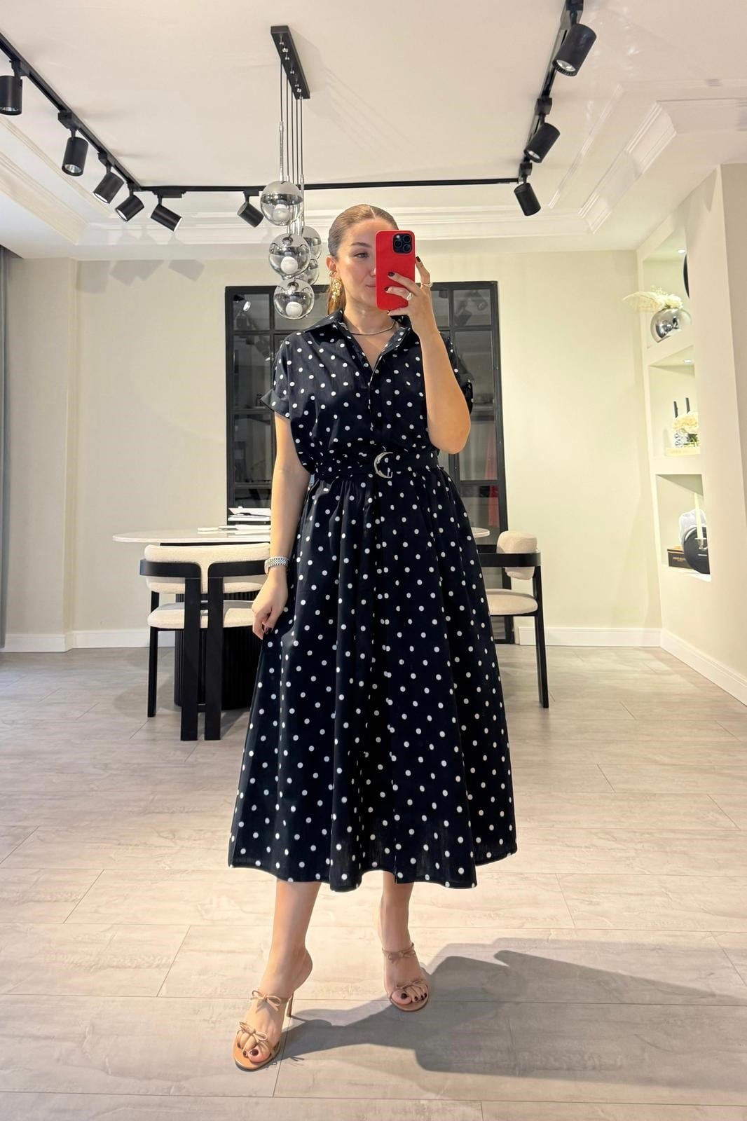 BELİ LASTİKLİ PUANTİYELİ ELBİSE/3328