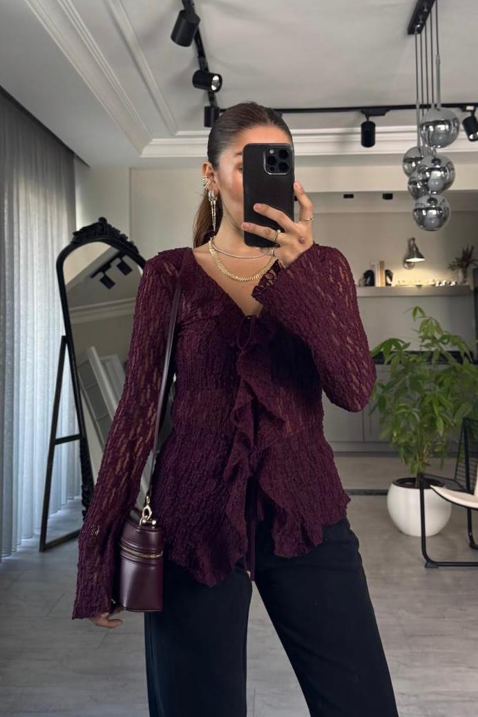 ÖNDEN BAĞLAMALI DANTEL BLUZ/1160