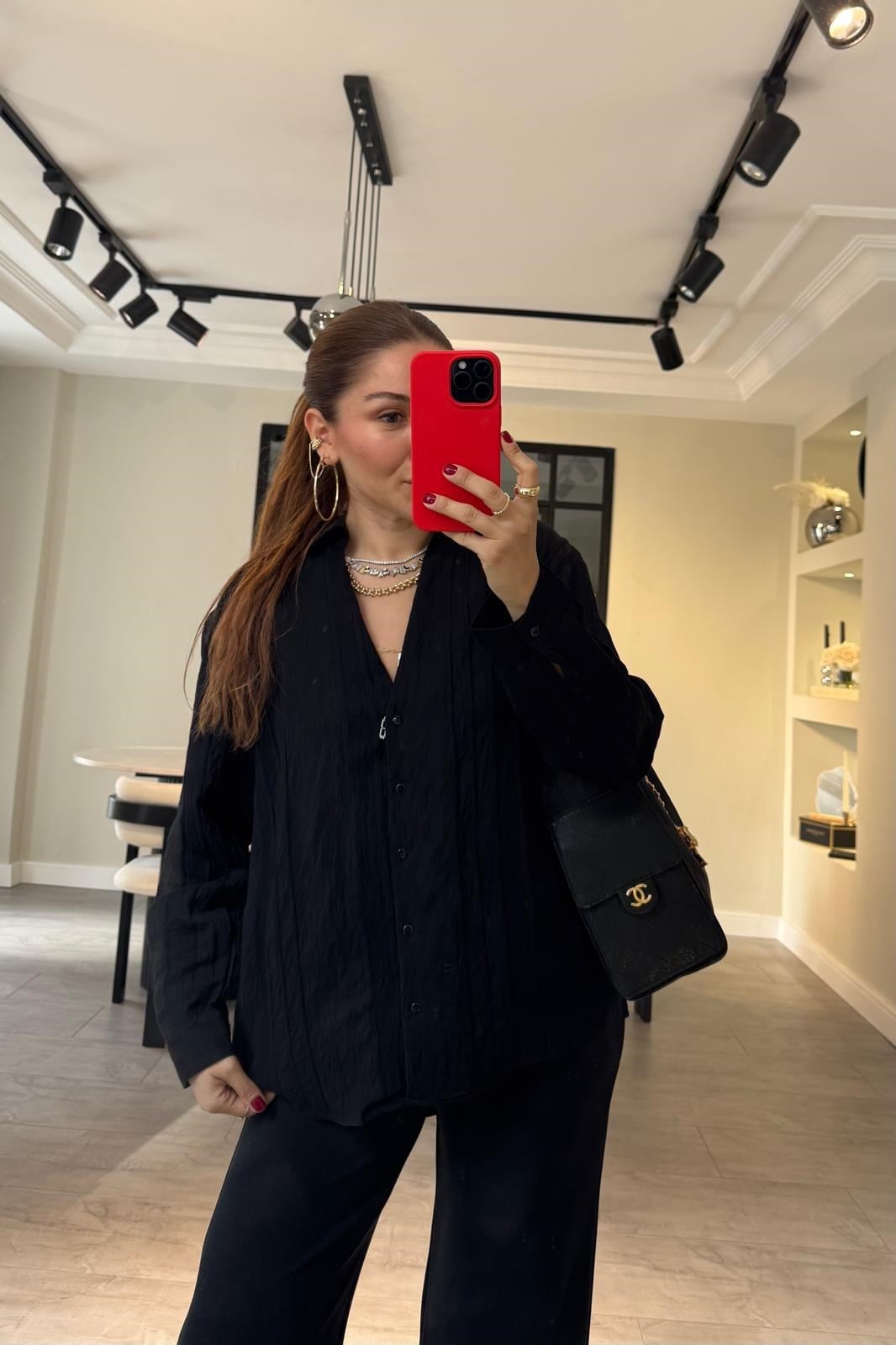 V YAKA FİLELİ OVERSİZE GÖMLEK/583