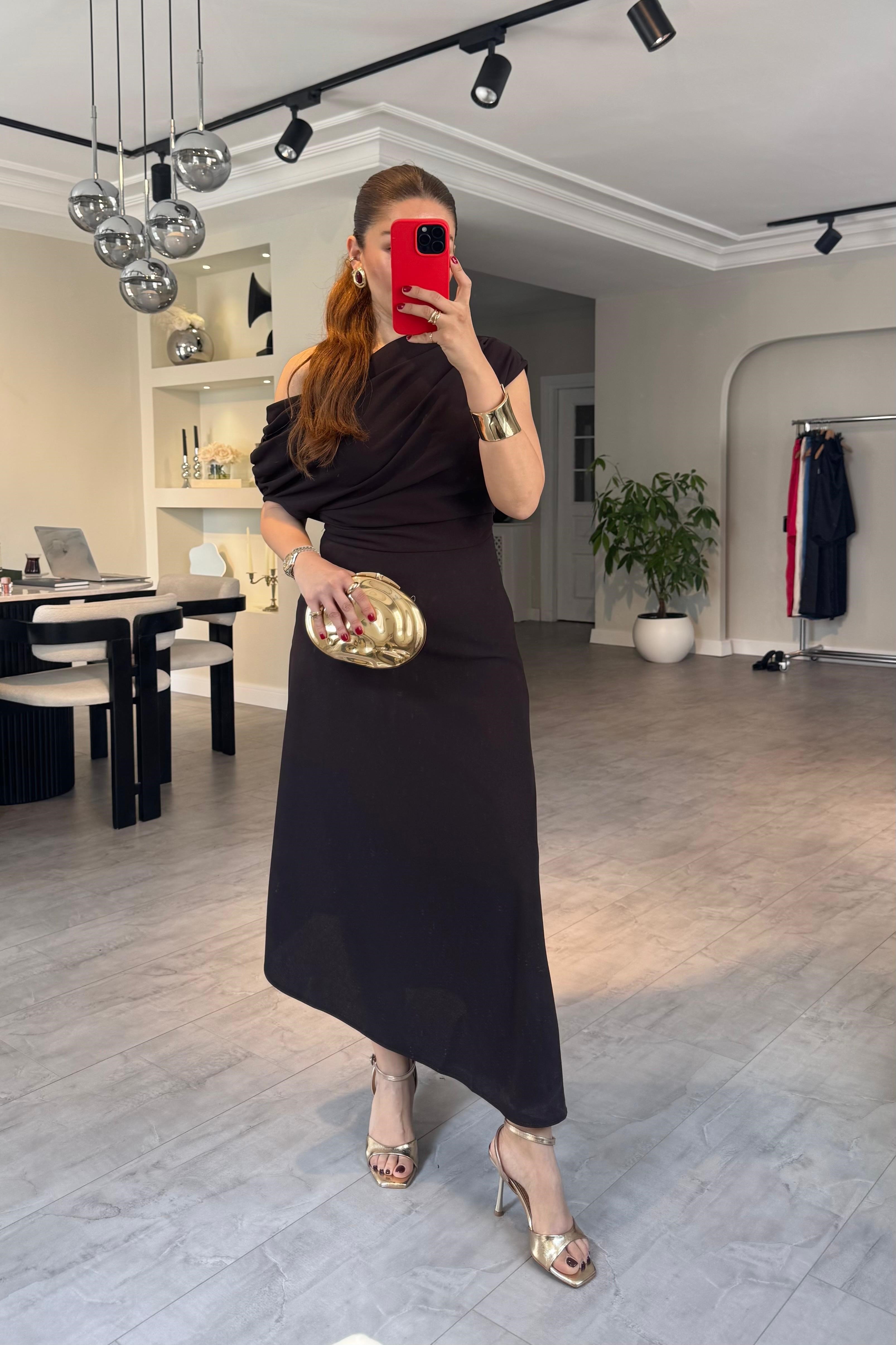 OMUZ BÜZGÜLÜ ASİMETRİK ELBİSE/6190