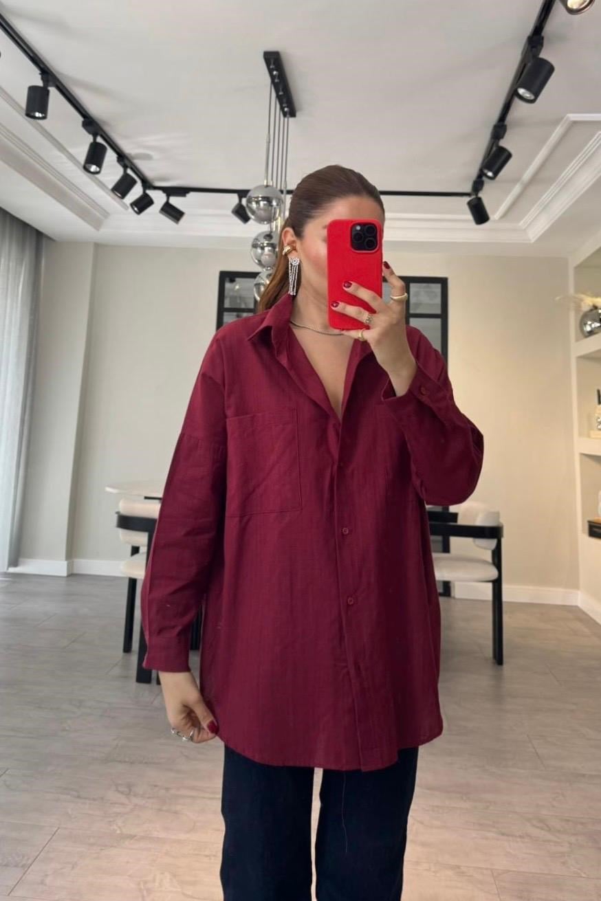 FLAMLI KETEN OVERSİZE GÖMLEK/Y139