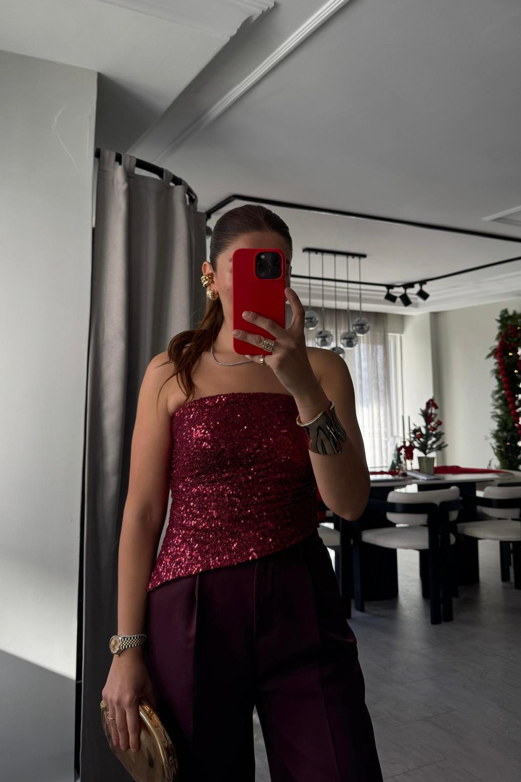 STRAPLEZ YAN YIRTMAÇLI PULLU CROP