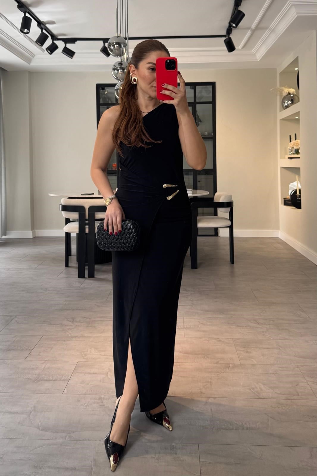 TEK OMUZ GOLD TOKALI YIRTMAÇLI ELBİSE/7201