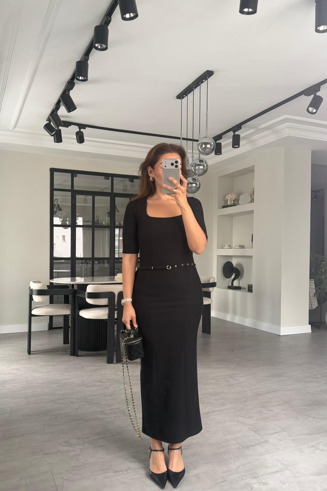 YARIM KOL KARE YAKA KEMERLİ ELBİSE/1271