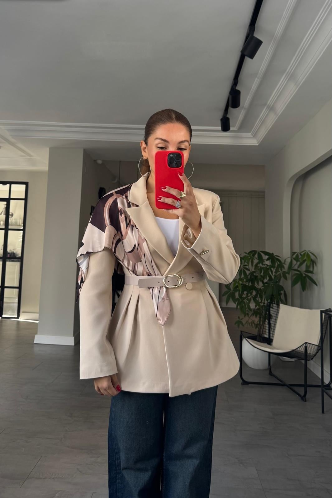 ÇİFT PİLELİ ŞAL DETAYLI KEMERLİ BLAZER CEKET/6337