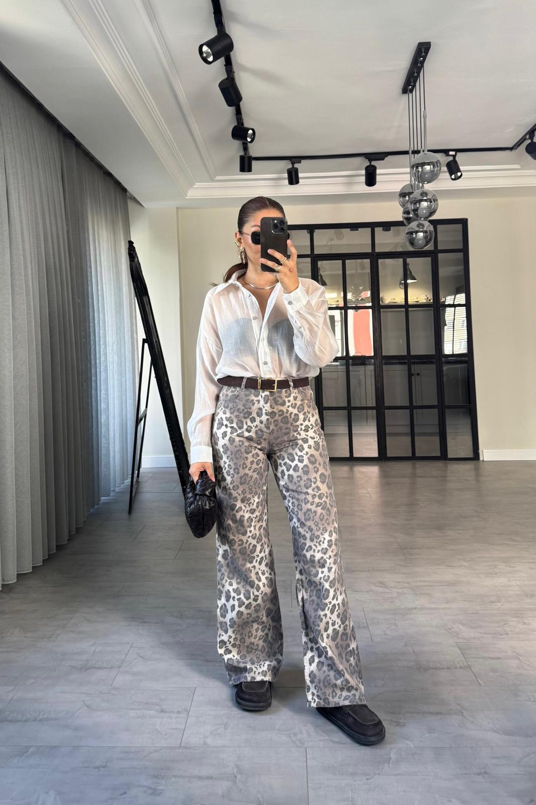 GABARDİN LEOPAR PALAZZO PANTOLON/0248