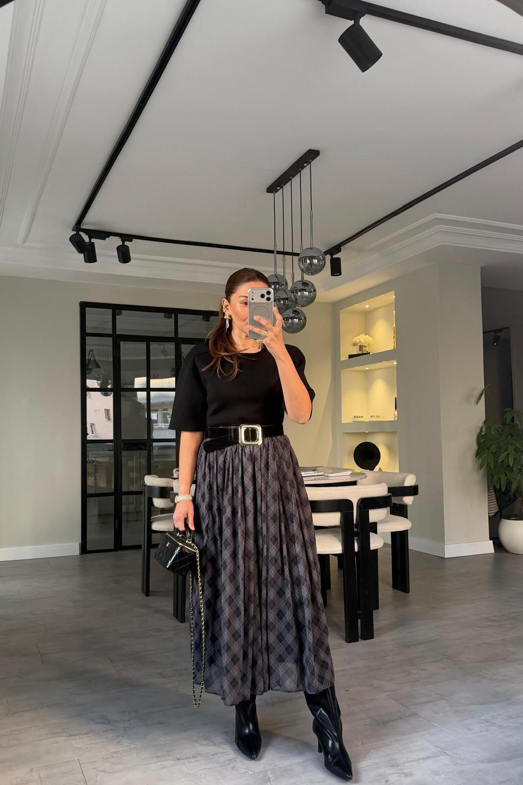 GENİŞ KEMERLİ ŞİFON MAKSİ ETEK/7684