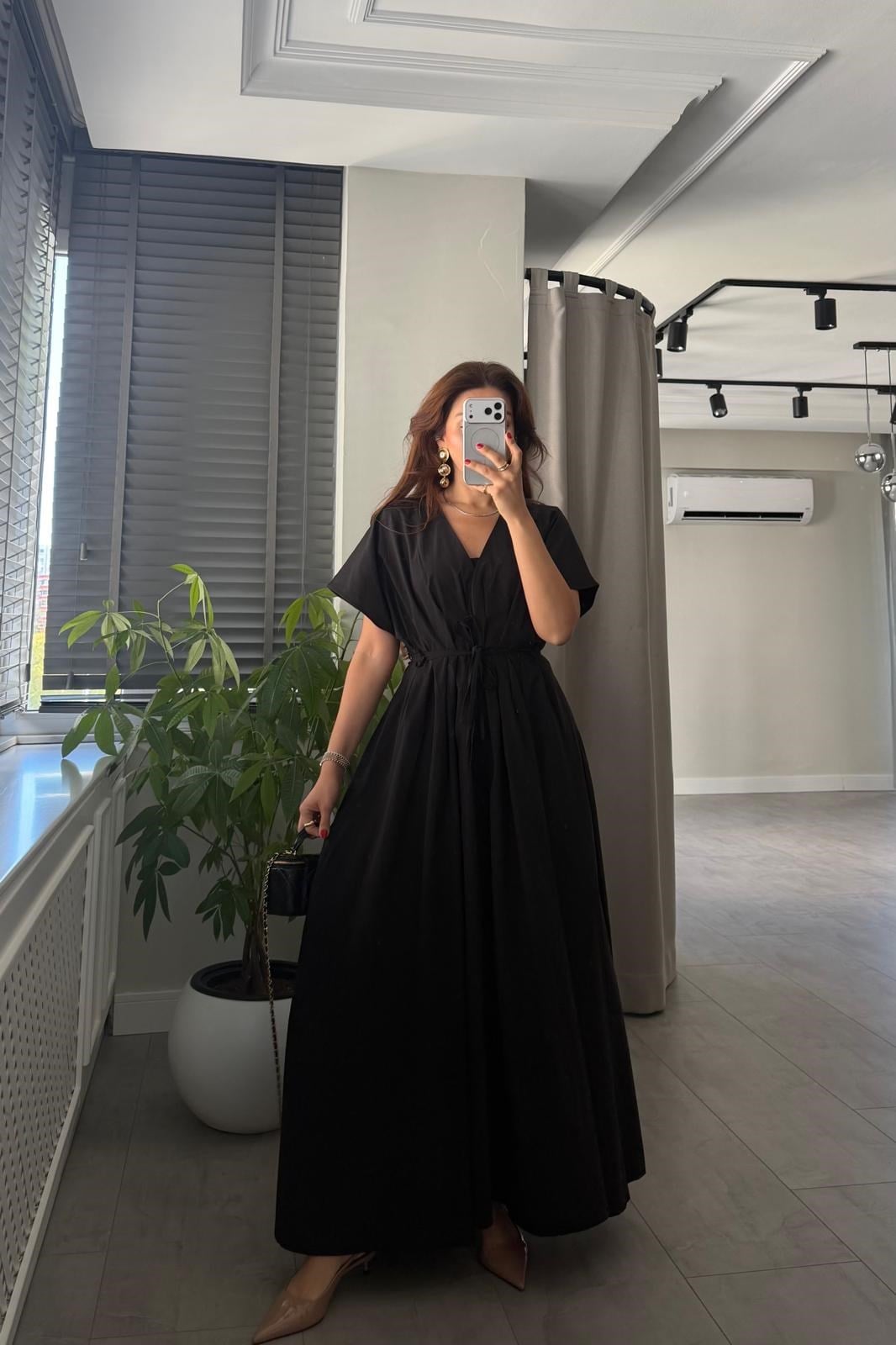 DÜŞÜK OMUZ PİLELİ MAKSİ ELBİSE/6201