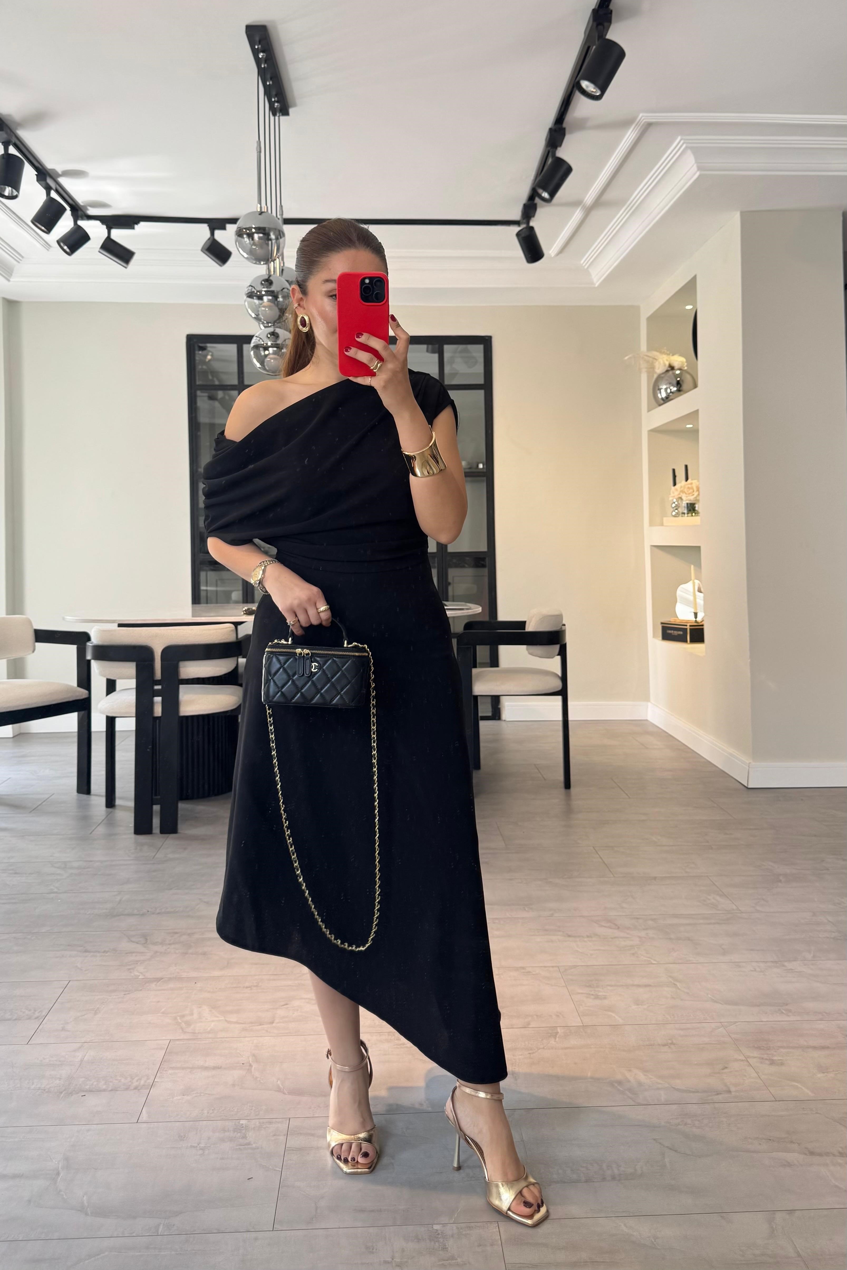 OMUZ BÜZGÜLÜ ASİMETRİK ELBİSE/6190