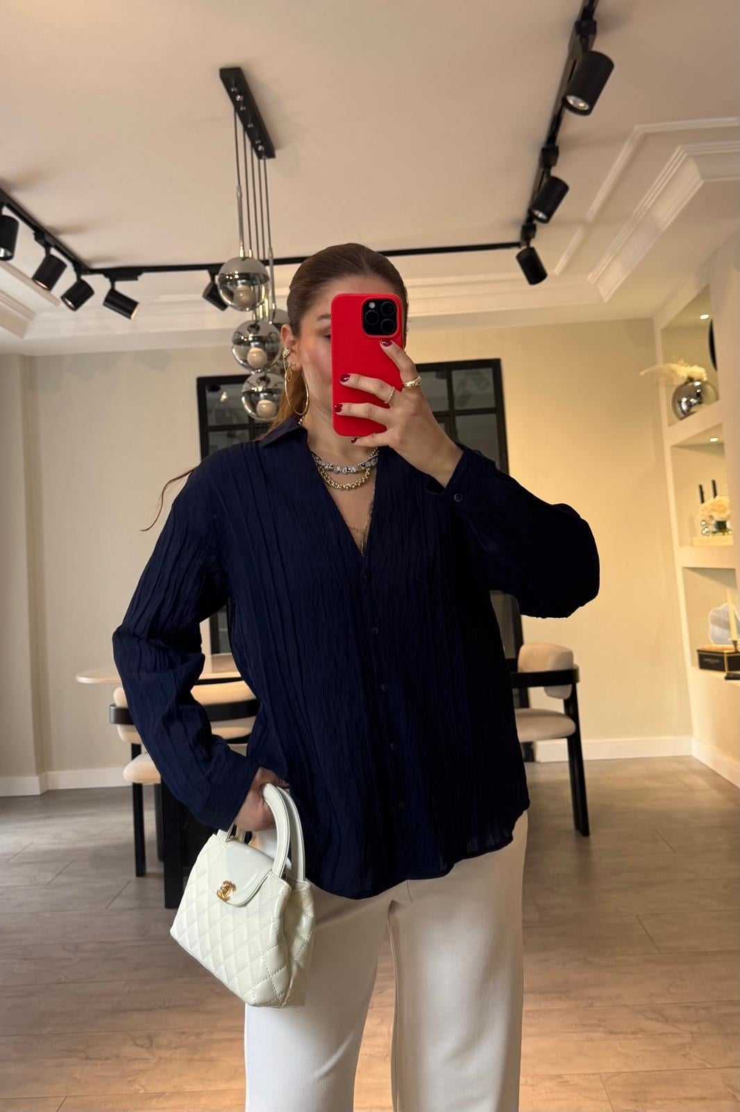 V YAKA FİLELİ OVERSİZE GÖMLEK/583