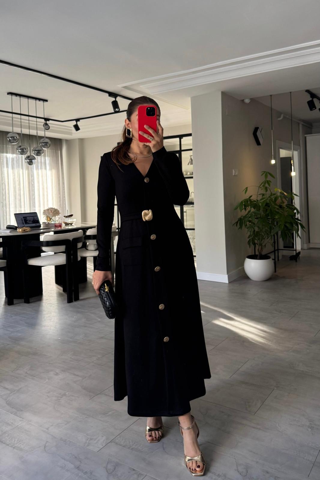 KEMERİ TOKALI UZUN KOL DÜĞMELİ ELBİSE/2056