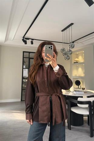 ÖNÜ SÜET DETAY KUŞAKLI CEKET