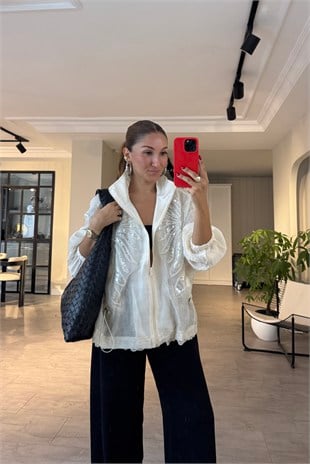 DİK YAKA NAKIŞLI TRANSPARAN  CEKET/9773