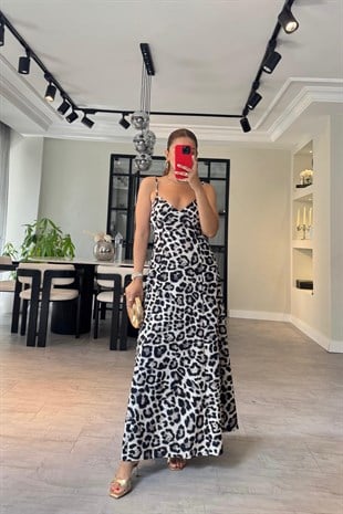 LEOPAR DESENLİ ASKILI ELBİSE/3020