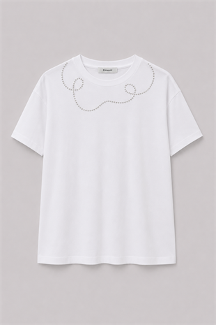 YAKASI TAŞLI İPK PAMUKLU T-SHIRT/9028
