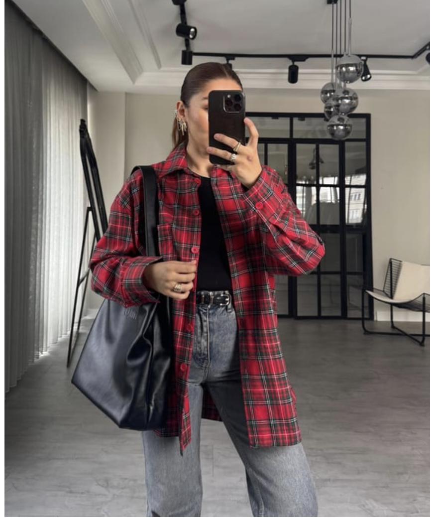 Ekoseli Oversize Gömlek - kırmızı