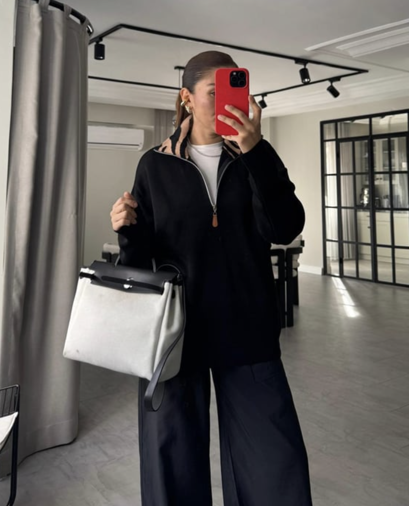 Leopar Yakalı Fermuarlı Kazak Siyah