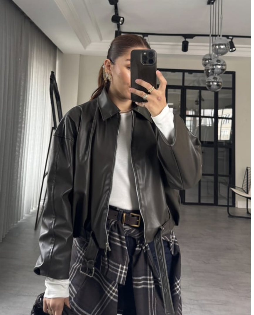 kemer detaylı crop deri ceket