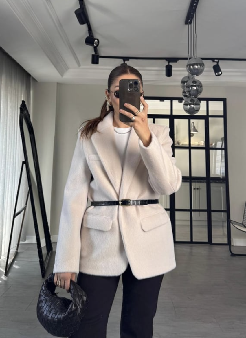 Peluşlu blazer ceket- krem