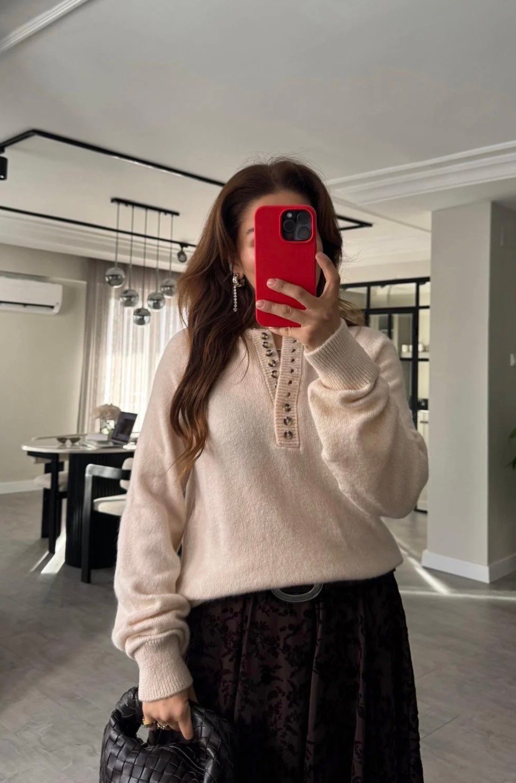 Sıfır Yaka Düğmeli Kazak krem