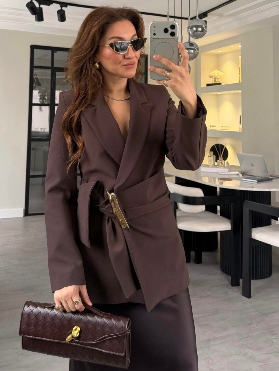 Gold Aksesuarlı Bağlamalı Blazer Ceket