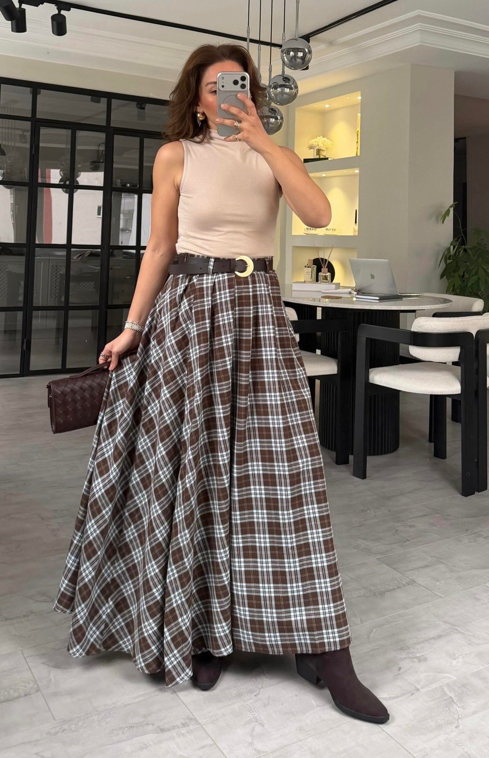 Kemerli Ekoseli Maksi Etek