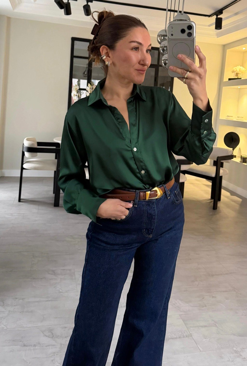 Diagonal saten gömlek yeşil