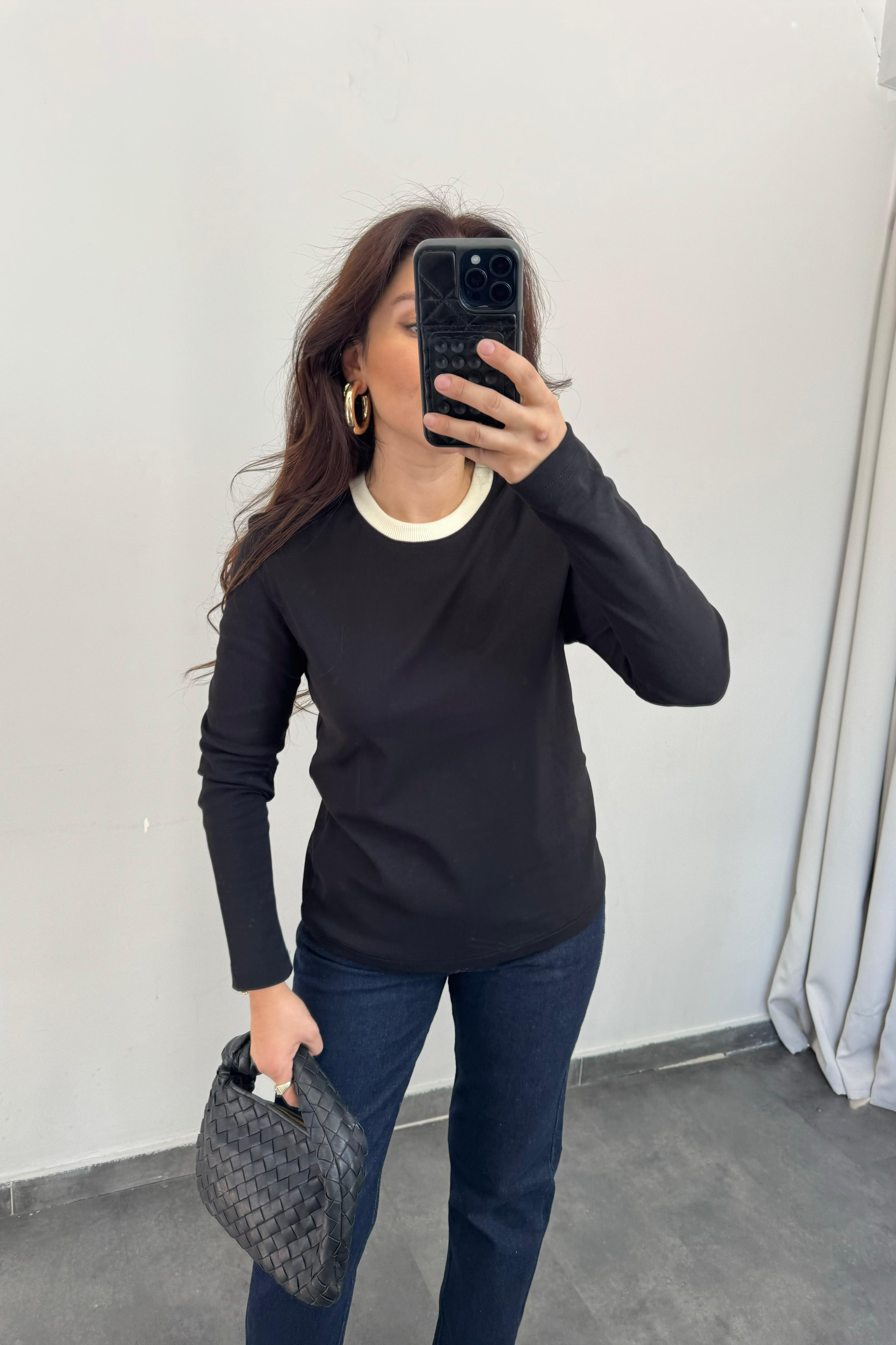BEYAZ YAKA ŞERİTLİ UZUN KOL T-SHIRT / 1090
