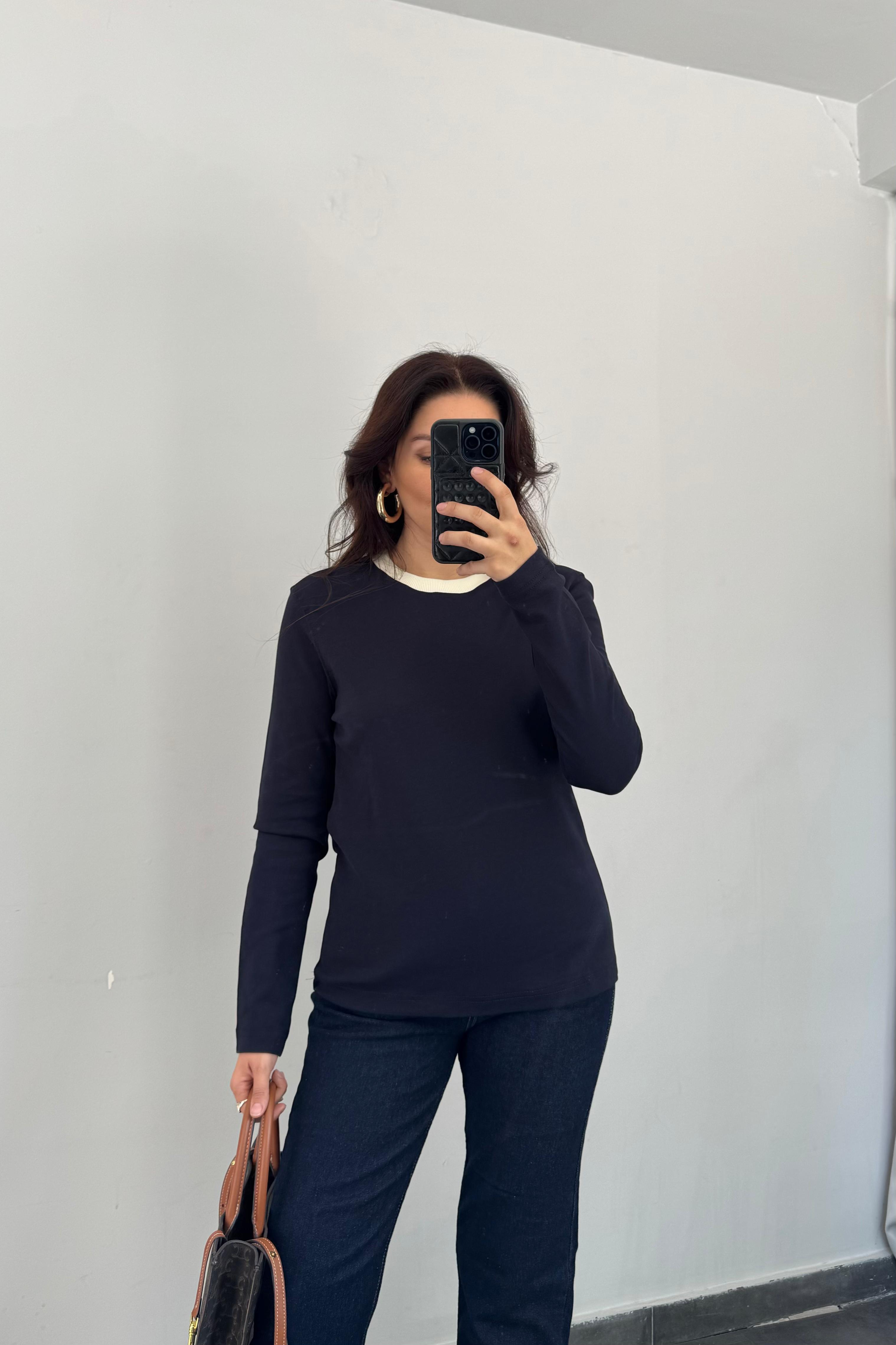 BEYAZ YAKA ŞERİTLİ UZUN KOL T-SHIRT / 1090
