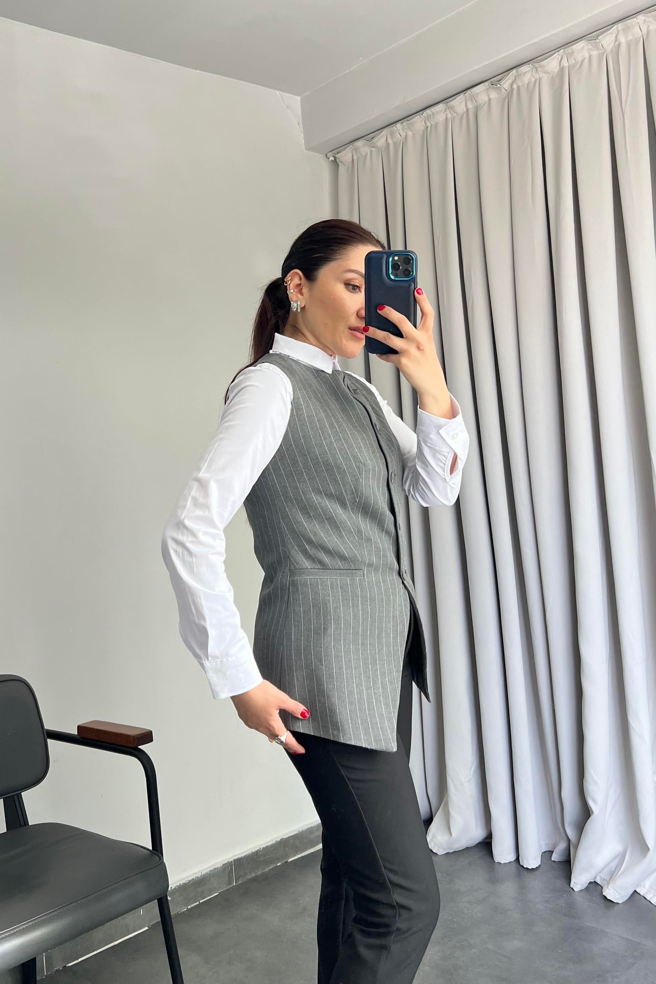 ÇİZGİLİ ASİMETRİK UZUN YELEK /1103-09