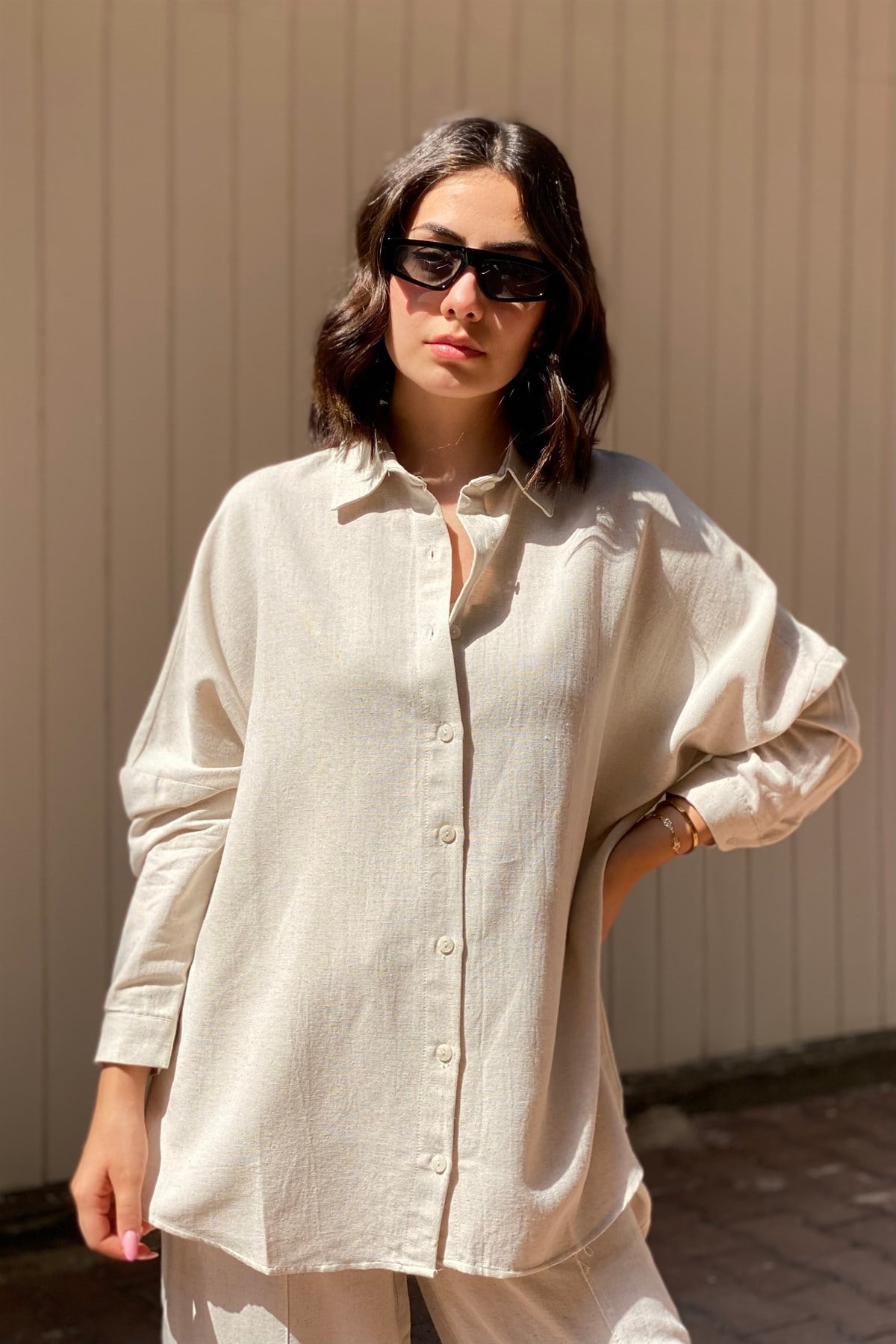 DÜŞÜK KOL OVERSIZE KETEN GÖMLEK/4476