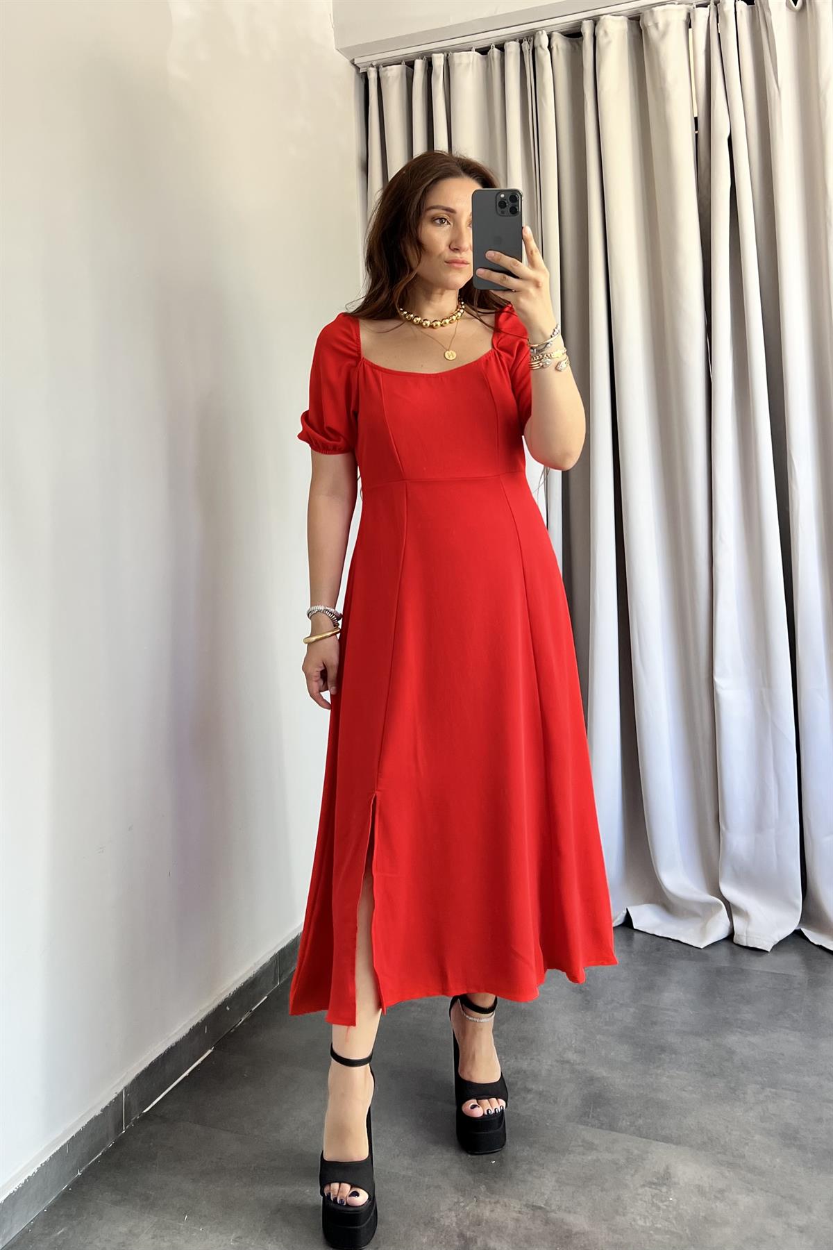 KARPUZ KOL ÖNÜ YIRTMAÇLI KREP ELBİSE/27445