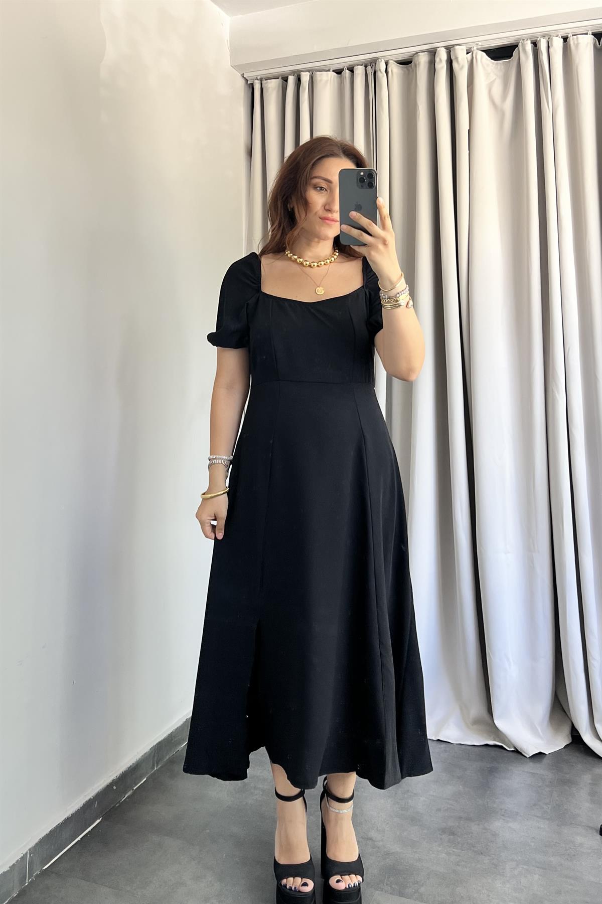KARPUZ KOL ÖNÜ YIRTMAÇLI KREP ELBİSE/27445