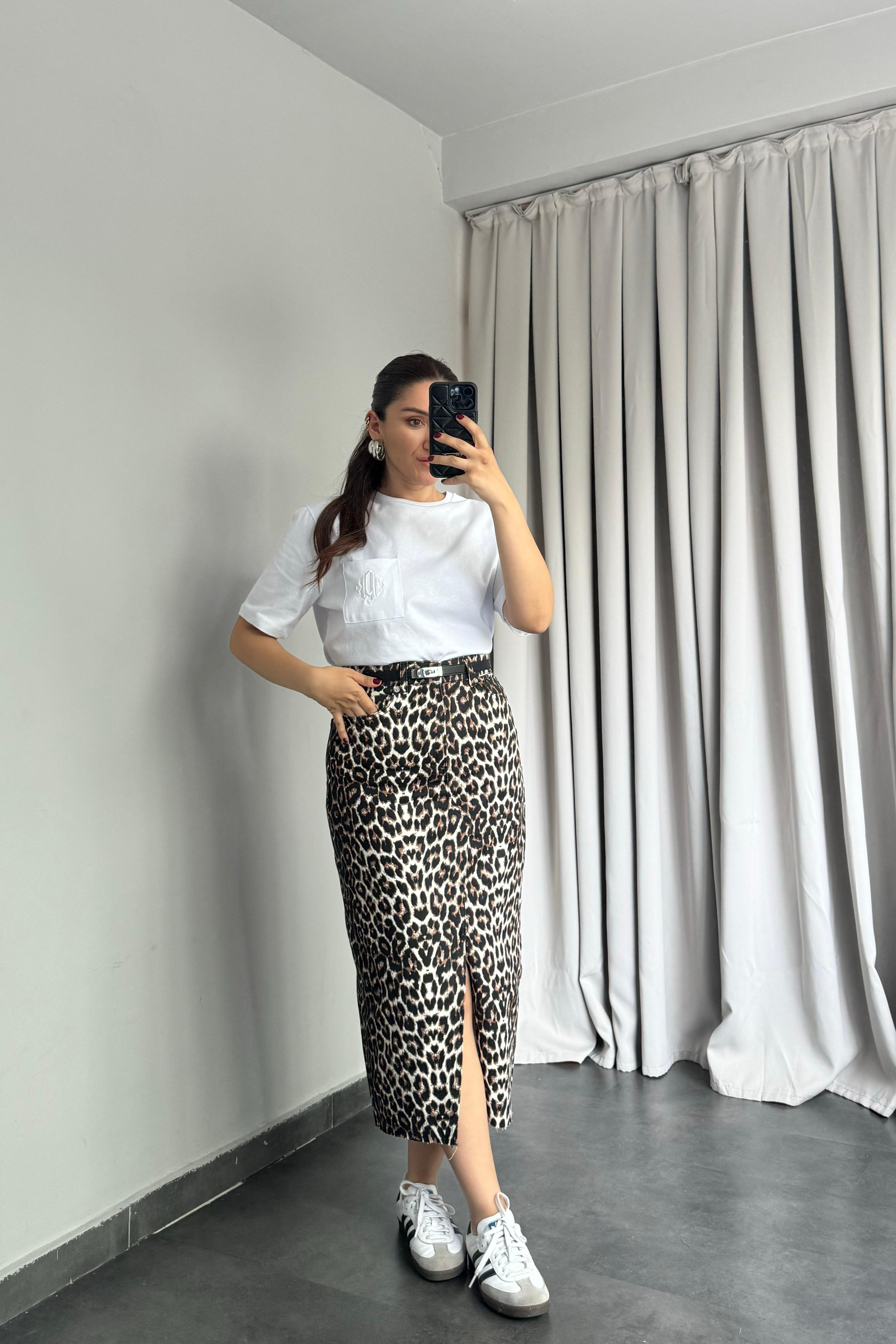 LEOPAR DESEN YITMAÇLI DENİM ETEK